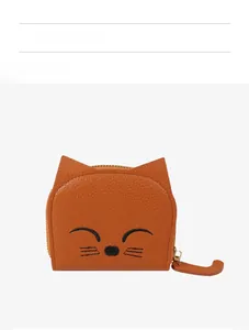 Porte-monnaie chat caramel avec texture grainée et broderie mignonne de visage de chat