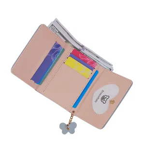Portafoglio da donna in pelle PU rosa e grigio con scomparti per carte e ciondolo farfalla