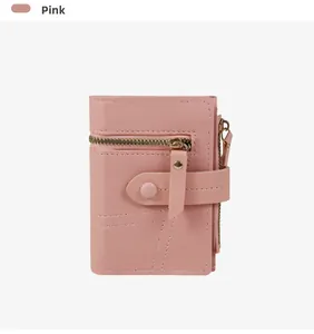 Vue détaillée d'un portefeuille rose court pour femme en cuir PU avec fermeture éclair