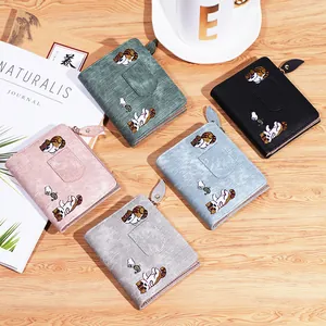 Cute Cat Embroidered Women Mini Wallet PU Leather Short Bi-Fold Purse With Zipper Coin Pocket Card Holder For Girls Daily