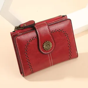 Vintage Women Short PU Leather Wallet Small Card Holder Coin Purse With Sunflower Metal Snap And Laser Cutouts For Daily