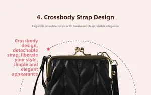 Détail d'un sac téléphone noir matelassé en V avec fermoir doré et bandoulière amovible