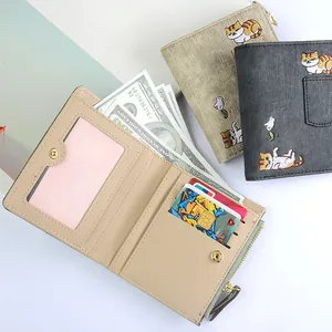 Slim embroidered cat bifold wallet with card slots and zipper pocket for women