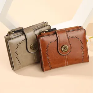 Vintage oil wax leather women's wallets in brown and khaki with sun flower metal buckle