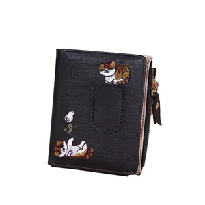Slim black embroidered cat wallet for women with zipper pocket and card slots