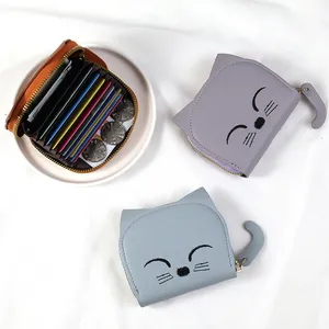 Mignon Porte-monnaie En Cuir PU Chat De Dessin Animé Pour Femmes Doux Broderie Queue Fermeture Éclair Petit Portefeuille Porte-cartes