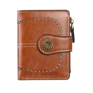 Vintage brown oil wax leather wallet for women with flower buckle and zipper pocket