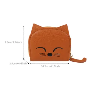 Porte-monnaie chat en cuir PU orange avec dimensions 10,5x9,5x2,5 cm sur fond blanc
