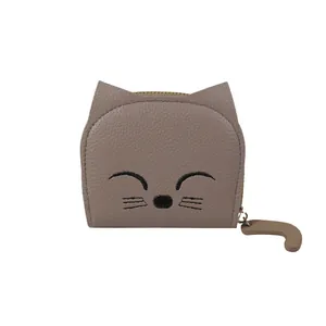Mini porte-monnaie chat gris en cuir PU avec broderie faciale et breloque en queue