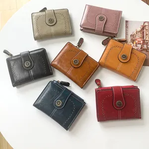 Women's Vintage PU Leather Short Wallet With Retro Daisy Metal Buckle Hollow Out Zipper Coin Purse Multi Card Slots Cardholder