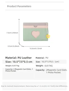Slim tricolor PU leather card holder with heart window and flower pendant detail