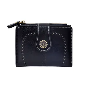 Vintage black leather short wallet with daisy ornament and white contrast stitching