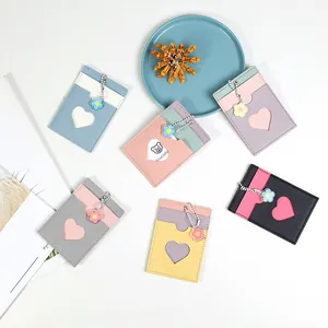 Women PU Leather Card Holder Heart Shape Window Flower Pendant Fashion Small Wallet Credit ID Card Case Multi Slot Holder