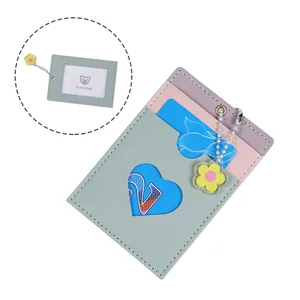 Women's multi-slot card holder in Morandi pastel colors with flower charm and heart cutout