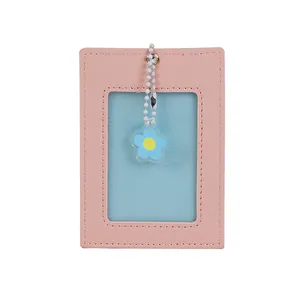 Pink PU leather card holder with clear window and blue floral pendant keychain