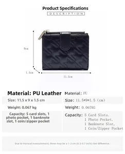 Detailed view of black houndstooth short wallet with 11.5x9x1.5cm dimensions