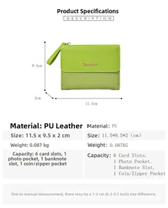 Detailed spec sheet showing 11.5x9.5x2cm size and multi-slot layout for PU leather wallet