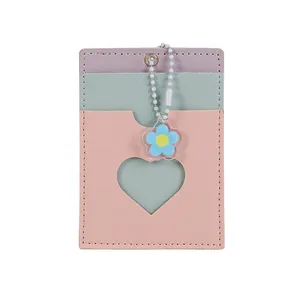 Mini multi-color leather card holder with heart window and floral bead chain pendant