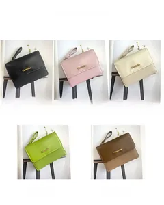 Five color options of compact PU leather purses with woven texture and wrist straps