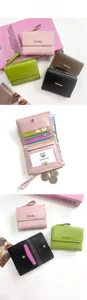 Detail of PU leather tri-fold wallet showing multiple card slots and zipper pocket