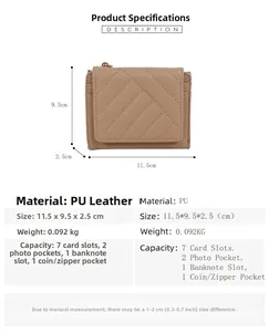 Detailed specs for quilted PU leather wallet with 7 card slots and coin pocket
