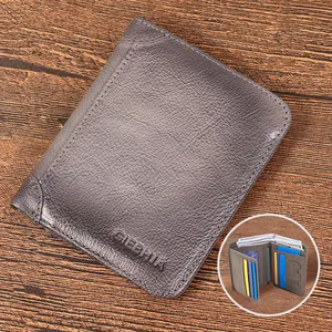 Deep grey genuine leather men's wallet with lychee texture and multi-card slot interior