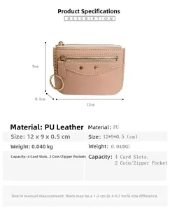 Pink lychee texture PU leather coin purse with size specs 12x9x0.5cm and card slots