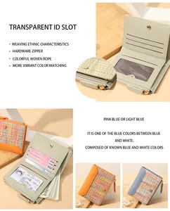 Détails de la texture tissée, fentes pour cartes et poche zippée pour la monnaie sur petit portefeuille