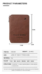 Detailed size chart of the PU leather travel passport holder showing dimensions and compartments