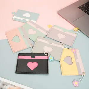 Women PU Leather Card Holder Wallet Heart Cutout ID Window Flower Pendant Macaron Color Slim Multi Slot Credit Card Case