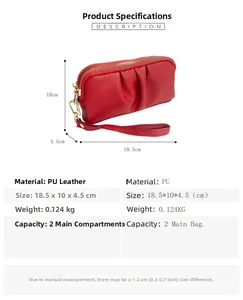 Detailed size specifications of the red pleated PU leather clutch bag with dual zippers