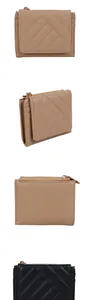 Detailed views of V-quilted women's small wallet with card slots and gold zipper in khaki and black