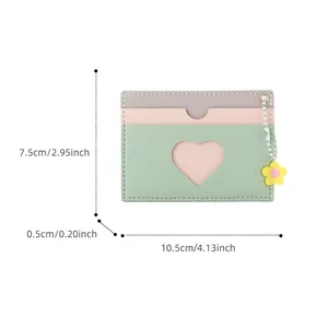 Slim multi-slot card holder in colorful PU leather with heart window and flower charm