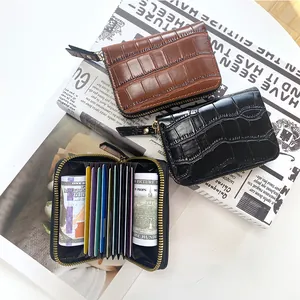 Mini Porte-cartes en Cuir PU à Motif Crocodile Vintage Portefeuille à Fermeture Éclair RFID Bloquant pour Hommes Femmes