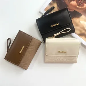 Three-color women's tri-fold wallets in black, brown and beige with woven texture and wrist strap