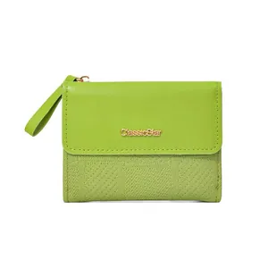 Short lime green women's wallet with geometric texture, wrist strap, and zip closure