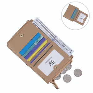 Quilted khaki short wallet with colorful card slots and a golden zipper coin pocket
