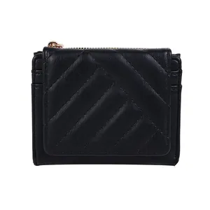 Black quilted small wallet with V-shaped stitching and golden top zipper closure
