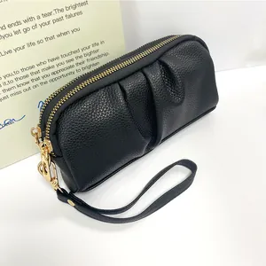 Women Pleated Clutch Bag Litchi Texture PU Leather Wallet Double Zipper Wristlet Purse Fashion Solid Color Party Handbag