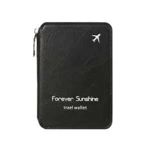 Portefeuille de voyage pour passeport en cuir noir texturé avec fermeture éclair
