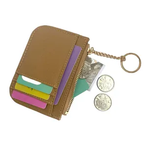 Brown leather card holder wallet with gold zipper, key ring and multiple card slots