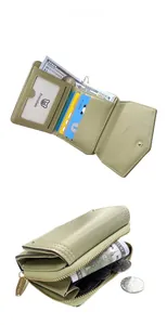 Detailed capacity view of green tri-fold wallet with card slots and zipper pocket