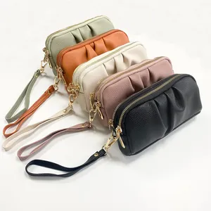 Women's pleated double zipper clutch bag set in five colors with wrist strap