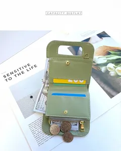 Detail view showing internal card slots, coin pocket and capacity of light green wallet