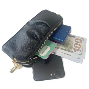 Black pleated leather clutch bag with double zippers and large capacity for smartphone