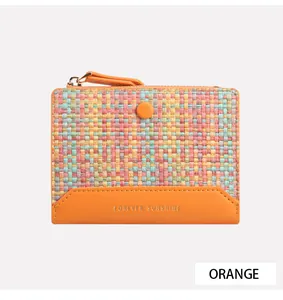 Vue détaillée de la texture tissée multicolore et finition en cuir orange élégante