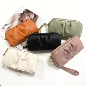 Elegant pleated faux leather clutch bags in five colors with wristlets and metal zippers
