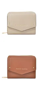 Close-up of three-fold beige and brown wallets with Forever Sunshine gold lettering