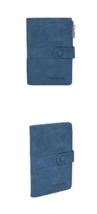 Close-up of blue PU leather passport holder showing metal zipper and button closure