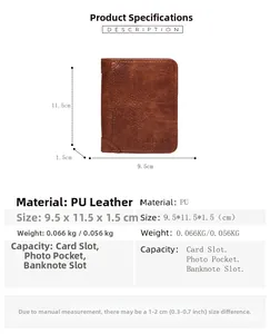 Gedetailleerde maattabel van een bruine slanke PU-leren herenportemonnee met afmetingen